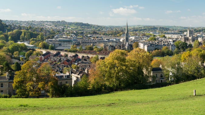 View of the city on a sunny day in autumn from Bath Skyline, Bath